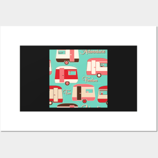 Repeat pattern of cute vintage caravans in retro colours pinks on turquoise Posters and Art